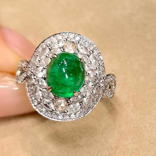 14k Gold 3.41 Ctw Vivid Green Natural Emerald & Diamond Ring