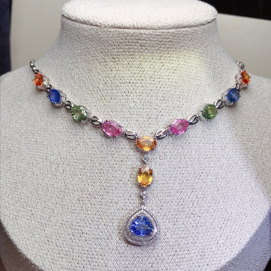 14k Gold 9.65 Ct Natural Sapphire & Diamond Necklace