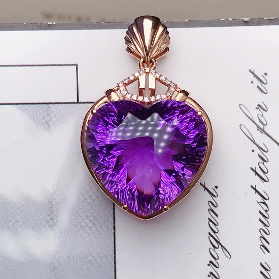 14k Gold 18.5 Ct Natural Amethyst & Diamond Pendant( Without Chain )