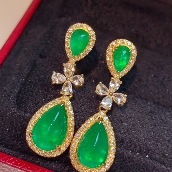 14k Gold 5.58 Ctw Natural Emerald & Diamond Earrings