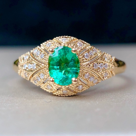 14k Gold 0.47 Ctw Vivid Green Natural Emerald & Diamond Ring