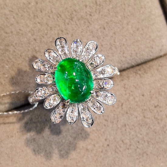 14k Gold 3.28 Ctw Vivid Green Natural Emerald & Diamond Ring