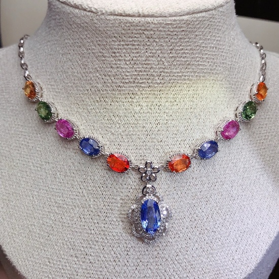 14k Gold 10.1 Ct Natural Sapphire & Diamond Necklace