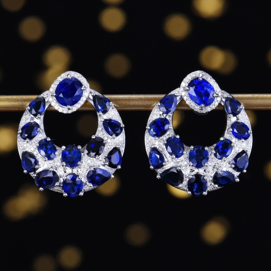 14k Gold 7.53 Ctw Vivid Blue Natural Sapphire & Diamond Earrings