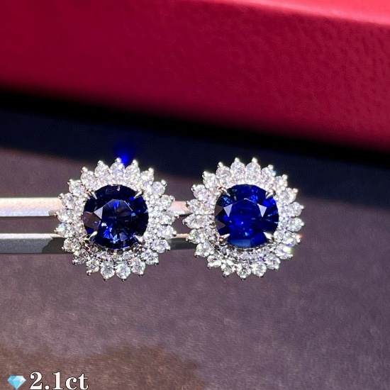 14k Gold 2.67 Ctw Vivid Blue Natural Sapphire & Diamond Earrings