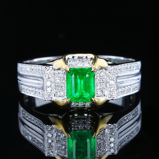 14k Gold 1.08 Ctw Vivid Green Natural Emerald & Diamond Ring