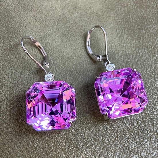 14k Gold 38.05 Ct Natural Kunzite & Diamond Earrings