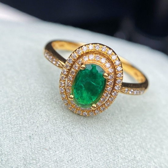 14k Gold 0.55 Ct Vivid Green Natural Emerald & Diamond Ring