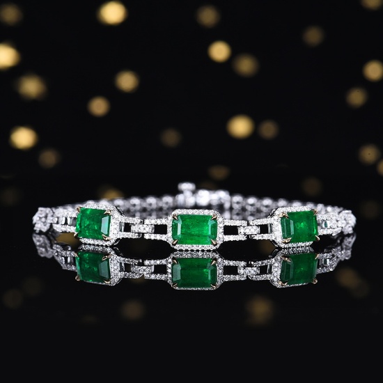 14k Gold 3.01 Ctw Vivid Green Natural Emerald & Diamond Bracelet