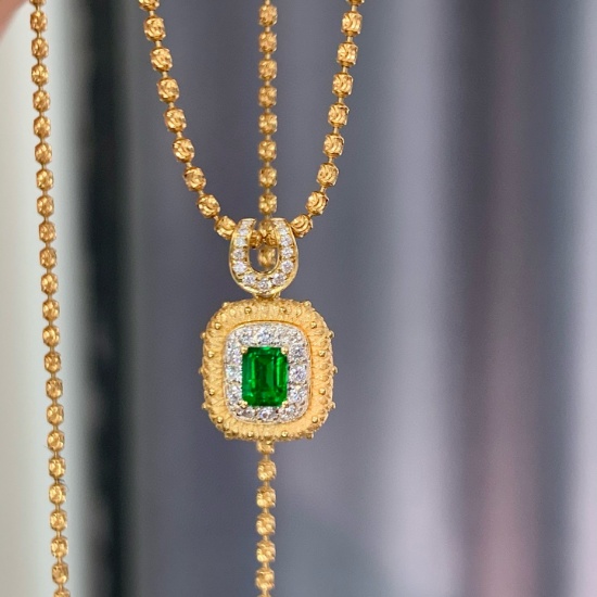 14k Gold 0.43 Ctw Vivid Green Natural Emerald & Diamond Pendant( Without Chain )