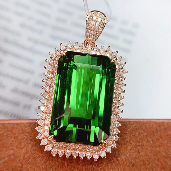 14k Gold 17.06 Ct Natural Tourmaline & Diamond Pendant( Without Chain )