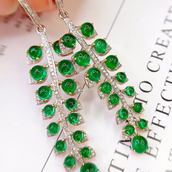 14k Gold 6.68 Ct Vivid Green Natural Emerald & Diamond Earrings