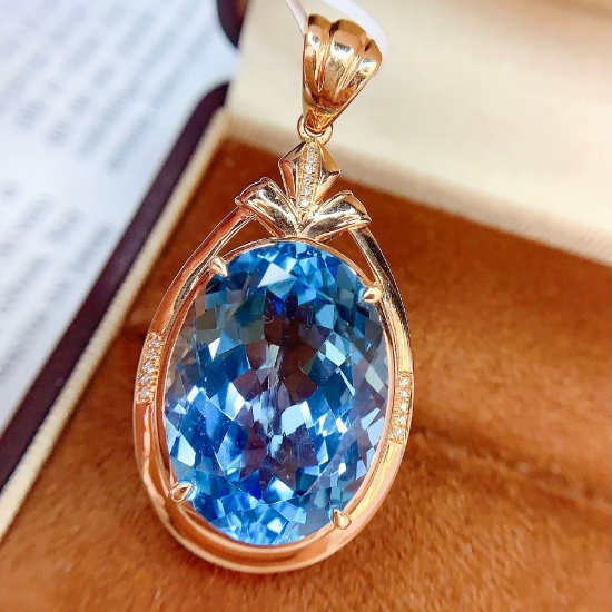 14k Gold 22.55 Ct Natural Topaz & Diamond Pendant( Without Chain )