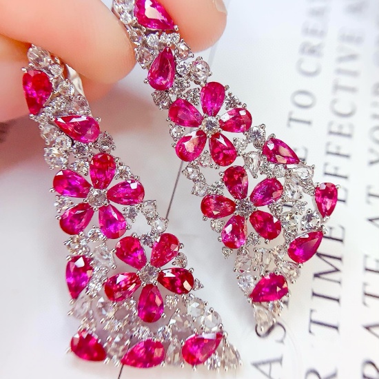14k Gold 12.6 Ct Natural Ruby & Diamond Earrings