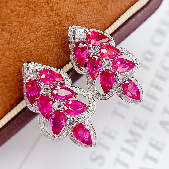 14k Gold 6.25 Ct Natural Ruby & Diamond Earrings