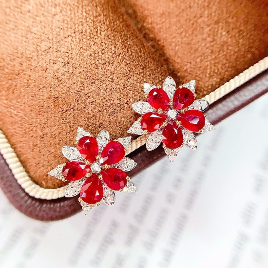 14k Gold 2 Ct Vivid Red Natural Ruby & Diamond Earrings