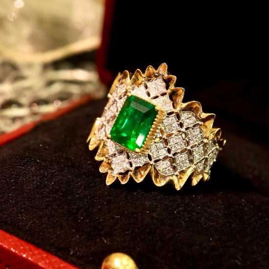 14k Gold 1.50 Ctw Vivid Green Natural Emerald & Diamond Ring