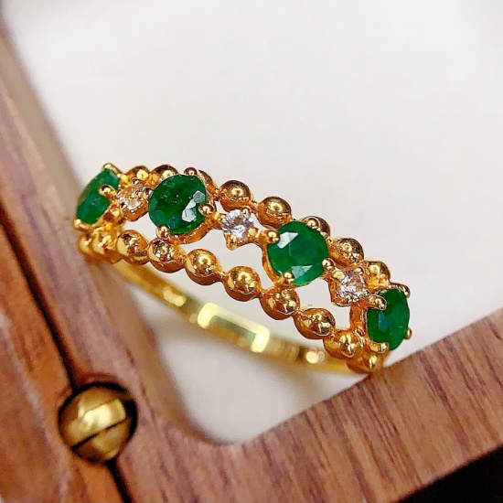 14k Gold 0.8 Ct Vivid Green Natural Emerald & Sapphire Ring