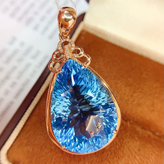 14k Gold 34 Ct Natural Topaz & Diamond Pendant( Without Chain )