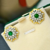 14k Gold 2.71 Ctw Vivid Green Natural Emerald & Lab Grown Diamond Earrings