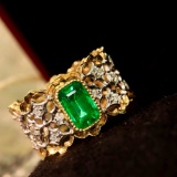 14k Gold 1.27 Ctw Vivid Green Natural Emerald & Diamond Ring