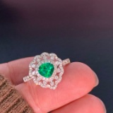 14k Gold 0.90 Ctw Vivid Green Natural Emerald & Diamond Ring