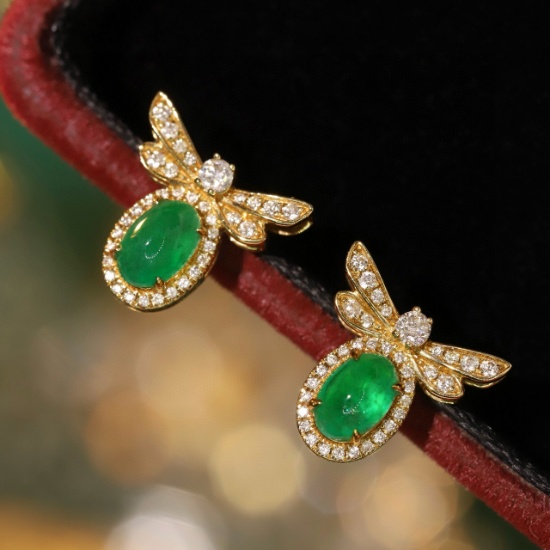 14k Gold 1.19 Ctw Vivid Green Natural Emerald & Diamond Earrings