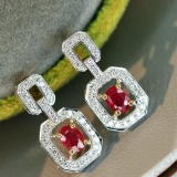14k Gold 0.48 Ctw Vivid Red Natural Ruby & Diamond Earrings