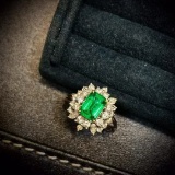 14k Gold 2.47 Ctw Vivid Green Natural Emerald & Diamond Ring