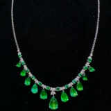 14k Gold 5.79 Ctw Vivid Green Natural Emerald & Diamond Necklace