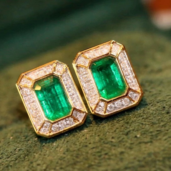 14k Gold 1 Ct Vivid Green Natural Emerald & Diamond Earrings