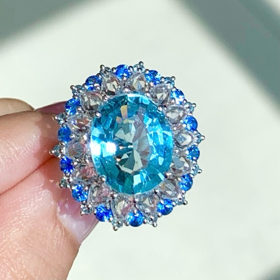 14k Gold 5.7 Ct Natural Aquamarine & Sapphire Ring