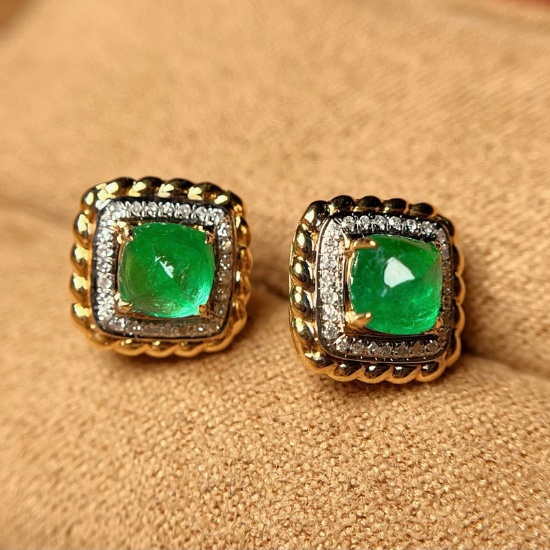 14k Gold 1.20 Ct Vivid Green Natural Emerald & Diamond Earrings