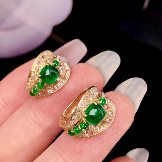 14k Gold 2.85 Ctw Vivid Green Natural Emerald & Diamond Earrings