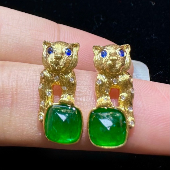 14k Gold 2.27 Ct Vivid Green Natural Emerald & Diamond & Sapphire Earrings