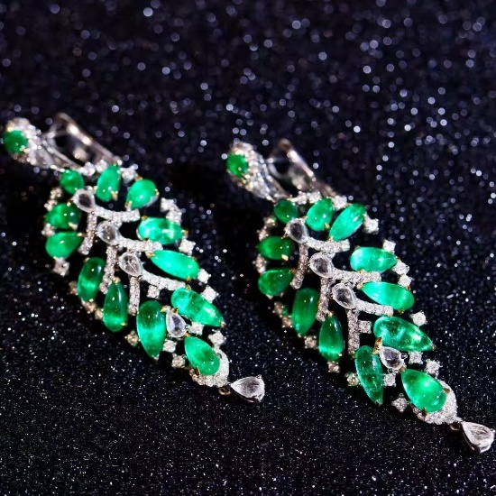 14k Gold 8.52 Ctw Natural Emerald & Diamond Earrings