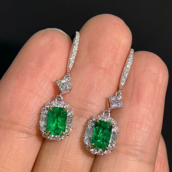 14k Gold 2.46 Ctw Vivid Green Natural Emerald & Diamond Earrings