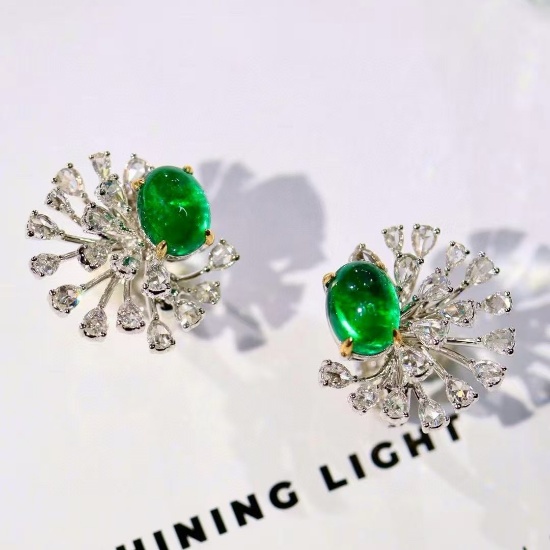 14k Gold 4.55 Ctw Vivid Green Natural Emerald & Diamond Earrings