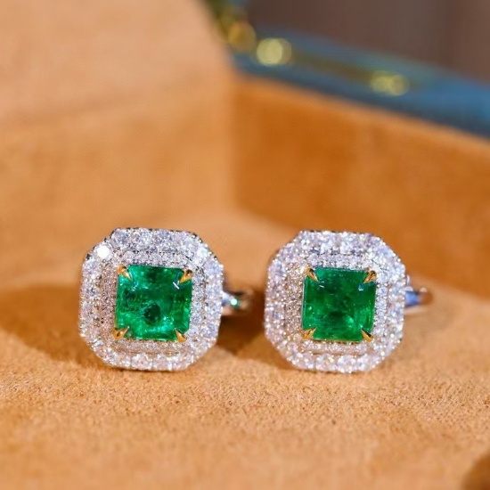 14k Gold 2.55 Ctw Vivid Green Natural Emerald & Diamond Earrings