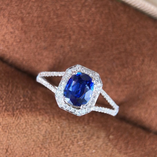 14k Gold 1.08 Ctw Vivid Blue Natural Sapphire & Diamond Ring