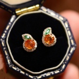 14k Gold 0.73 Ct Natural Spessartine & Diamond & Diamond Earrings