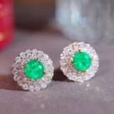 14k Gold 1.25 Ctw Natural Emerald & Diamond Earrings
