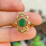 14k Gold 0.75 Ctw Vivid Green Natural Emerald & Diamond Ring