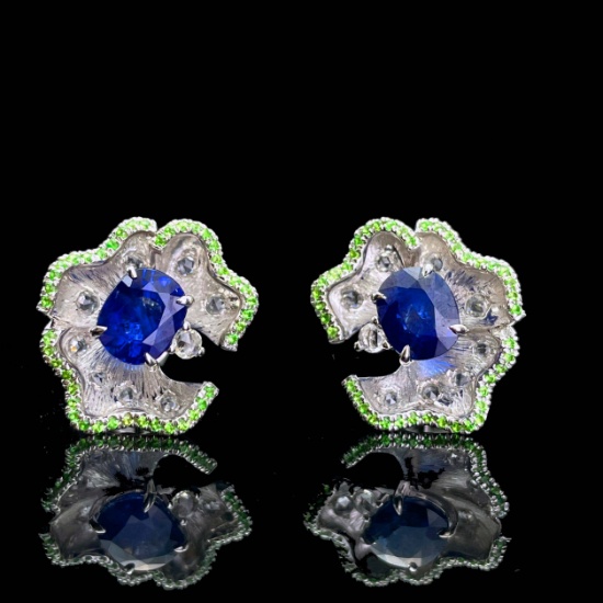 14k Gold 2.22 Ctw Natural Sapphire & Diamond Earrings