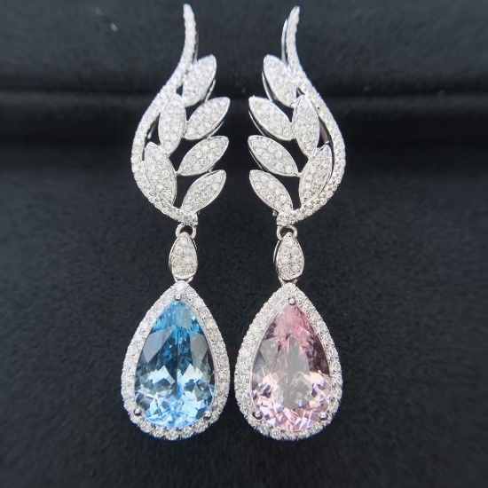 14k Gold 6.62 Ctw Natural Aquamarine & Morganite & Diamond Earrings