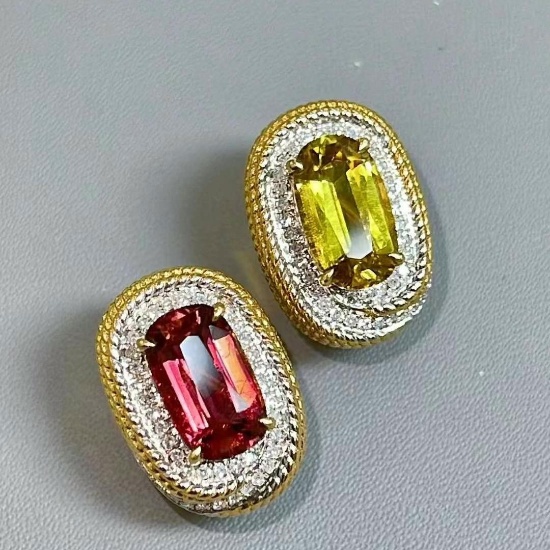 14k Gold 4.7 Ctw Natural Tourmaline & Diamond Earrings