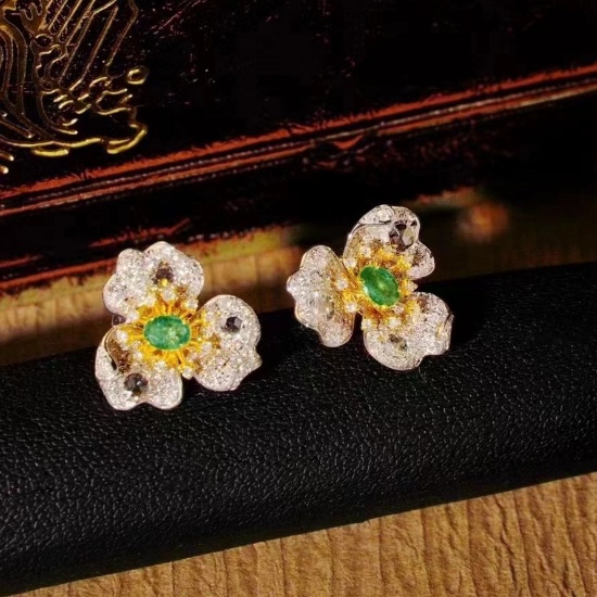 14k Gold 1.38 Ctw Natural Emerald & Diamond Earrings
