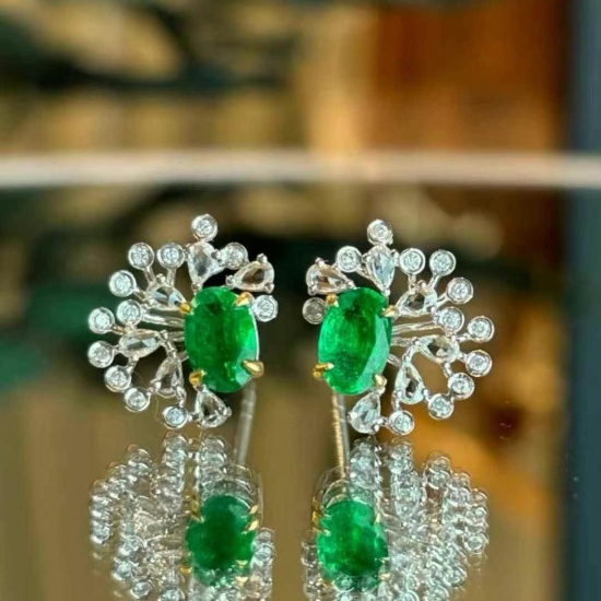 14k Gold 0.8 Ct Vivid Green Natural Emerald & Diamond & Sapphire Earrings