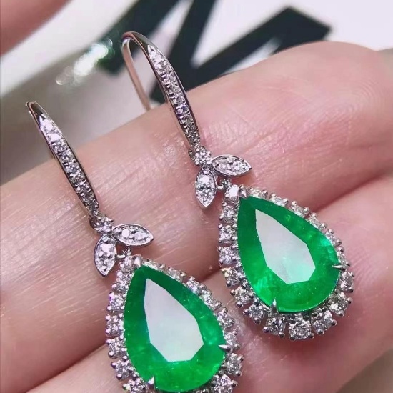 14k Gold 3.92 Ctw Vivid Green Natural Emerald & Diamond Earrings