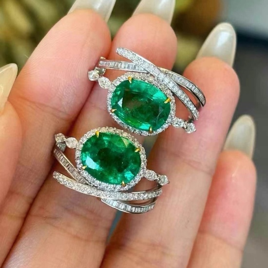 14k Gold 6.68 Ct Vivid Green Natural Emerald & Diamond Earrings